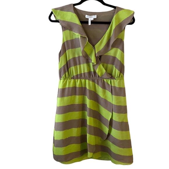 BCBG Green Gray Striped Ruffle V Neck Lined Sleeveless Feminine Mini Dress Small - Picture 1 of 12